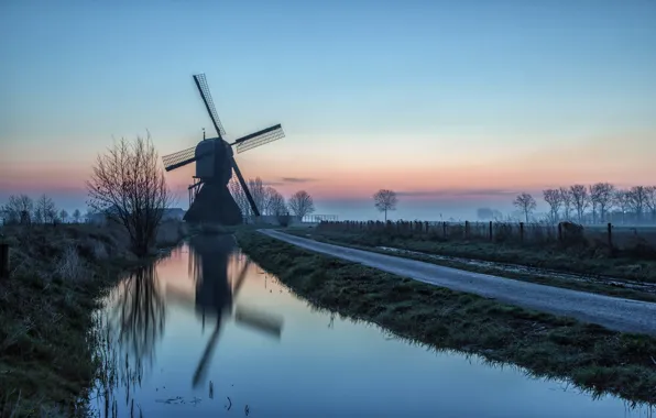 Picture road, landscape, morning, mill, channel