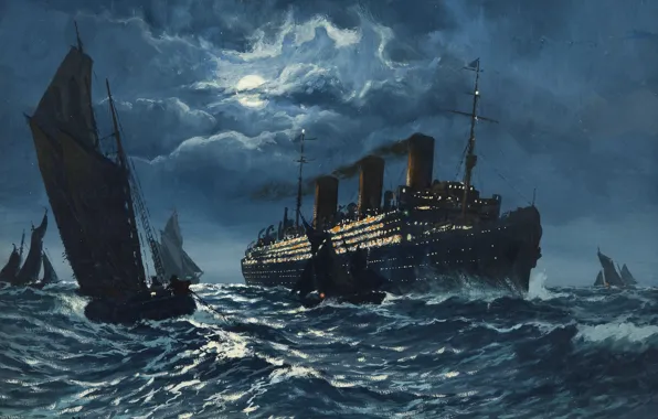 Sea, wave, night, ship, adolf bock, the seascape