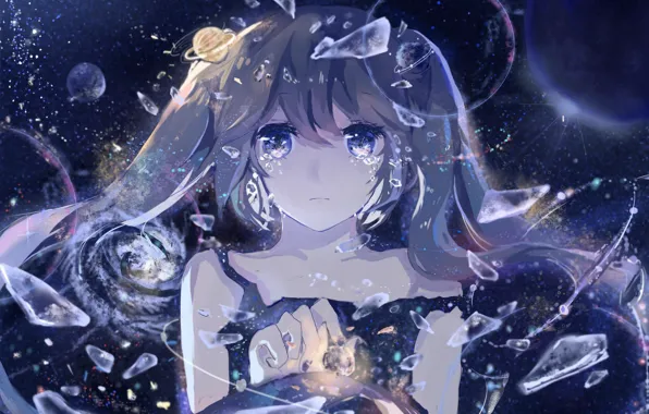 Girl, planet, anime, tears, art, vocaloid, hatsune miku, corpse