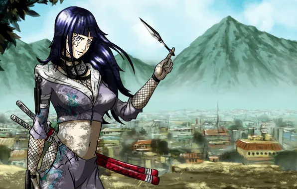 Girl, mountains, the city, weapons, art, shadows, naruto, hyuuga hinata