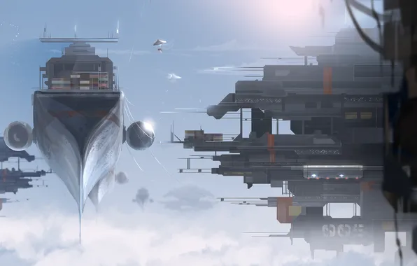 Clouds, height, ships, art, in the sky