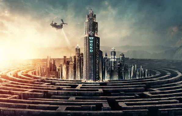 Mountains, fiction, home, skyscrapers, helicopter, maze, poster, The maze runner: the death Cure
