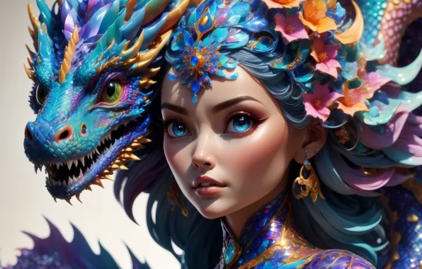 Picture colorful, blue eyes, face, dragon, digital art, CGI, closeup, earring