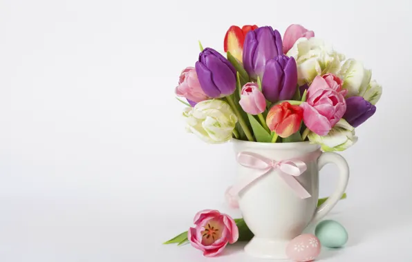 Spring, colorful, Easter, tulips, vase, Natalia Klenova