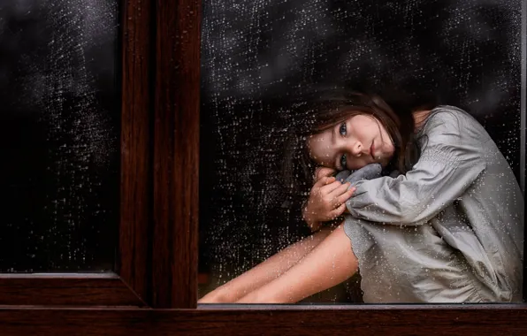 Picture sadness, glass, drops, girl