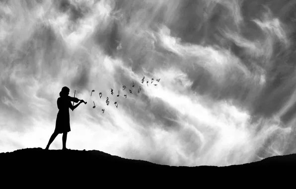 Picture girl, notes, violin, silhouette
