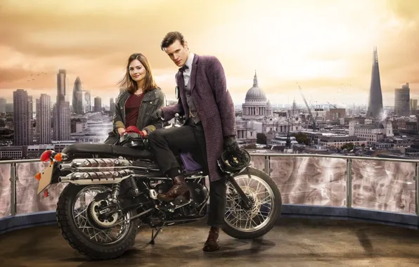 Picture London, motorcycle, Doctor Who, Doctor Who, Matt Smith, Matt Smith, Jenna-Louise Coleman, Jenna-Louise Coleman