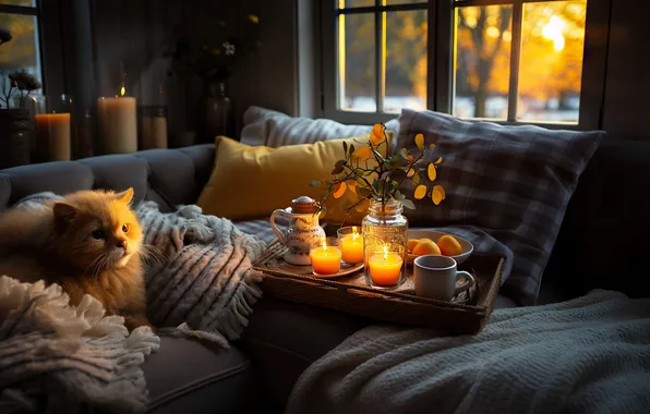 Autumn, cat, cat, glass, comfort, house, room, sofa