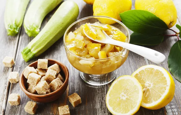 Lemon, sugar, jam, zucchini