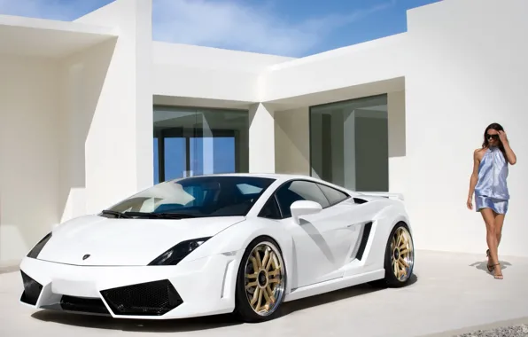 Girl, Lamborghini, white, sportcar