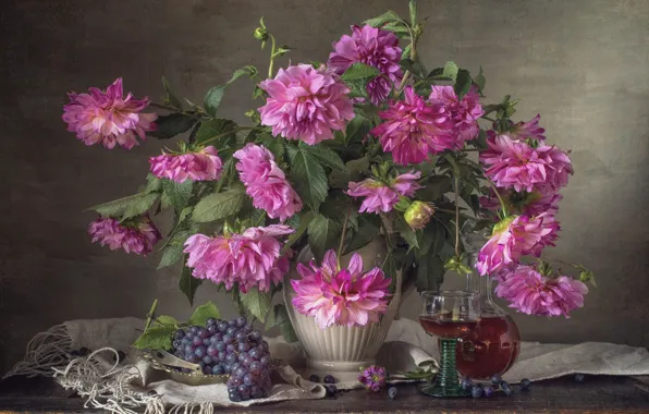 Flowers, table, wine, glass, bottle, towel, bouquet, grapes