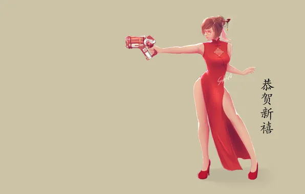 Picture Art, Weapon, Minimalism, Chinese, Dress, Mei, Overwatch, Game Art