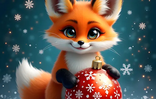 Look, snowflakes, smile, eyes, legs, ball, Christmas, Fox