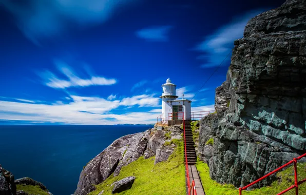Sea, the sky, the sun, clouds, stones, rocks, coast, lighthouse