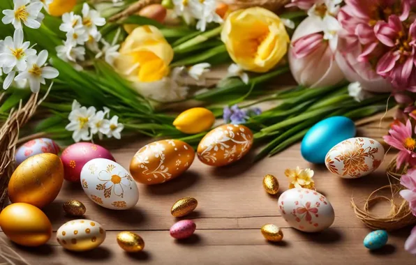 Flowers, eggs, spring, colorful, Easter, happy, flowers, spring