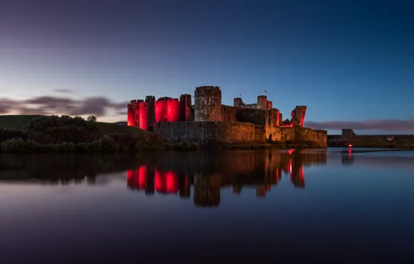 Castle, the evening, fortress, Wales, United Kingdom, Caerphilly Castle, Built in the 13th Century, at …