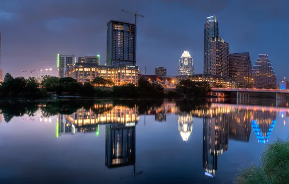 Night, the city, lights, lake, reflection, Austin, Texas, reflection