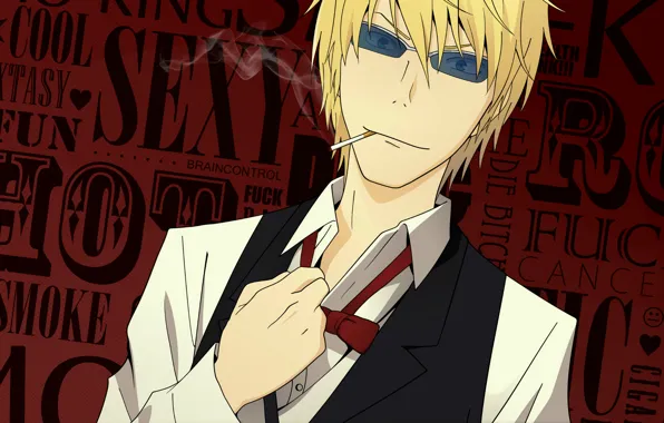 Picture glasses, cigarette, font, Shizuo Heiwajima, Durarara!!, bow tie