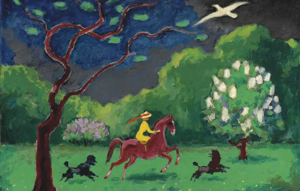 Picture oil, canvas, poodle, Kees van Dongen, white bird, Rider in a landscape