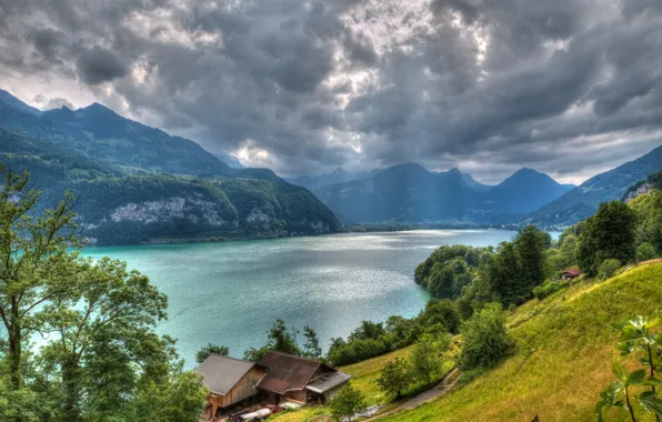 Clouds, trees, mountains, lake, home, Switzerland, Alps, Switzerland