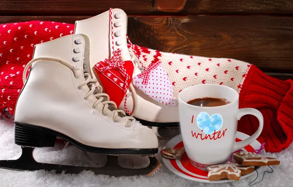 Picture winter, snow, love, holiday, heart, coffee, cookies, Cup