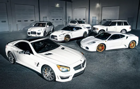 Picture Mercedes-Benz, Porsche, F430, Ferrari, Nissan, white, GT-R, Land Rover