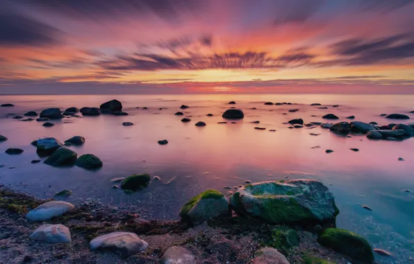 Sea, the sky, clouds, sunset, stones, shore, the evening, horizon