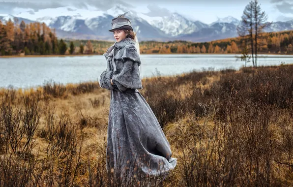 Autumn, mountains, lake, lady, model posing, dead grass