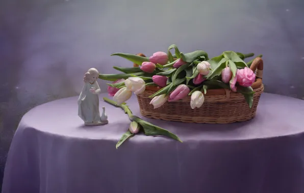 Flowers, table, tulips, figurine, basket, tablecloth, figure, Kovaleva Svetlana