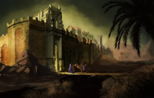 Mountains, palm trees, camel, fortress, The Wall