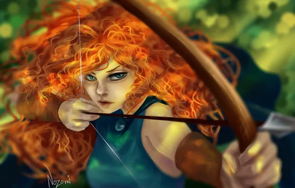 Picture girl, hair, bow, art, arrow, red, curls, Brave