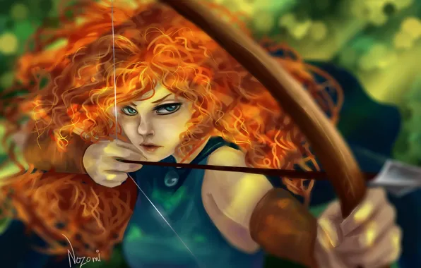 Girl, hair, bow, art, arrow, red, curls, Brave