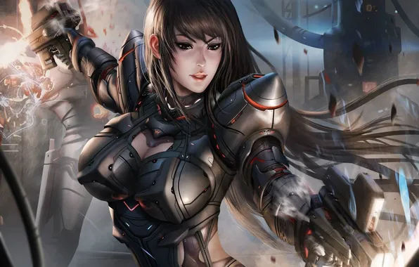 Picture girl, gun, weapons, art, armor, shots