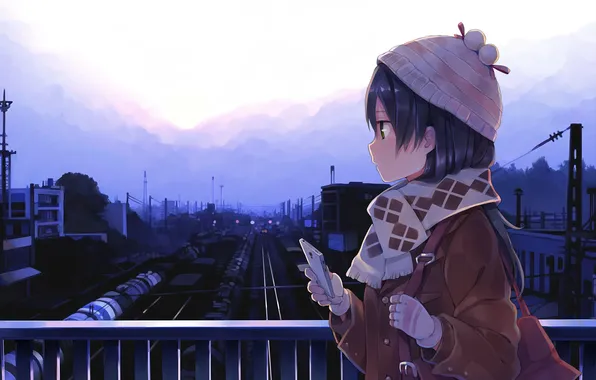 Picture the sky, girl, clouds, bridge, the way, wire, hat, anime