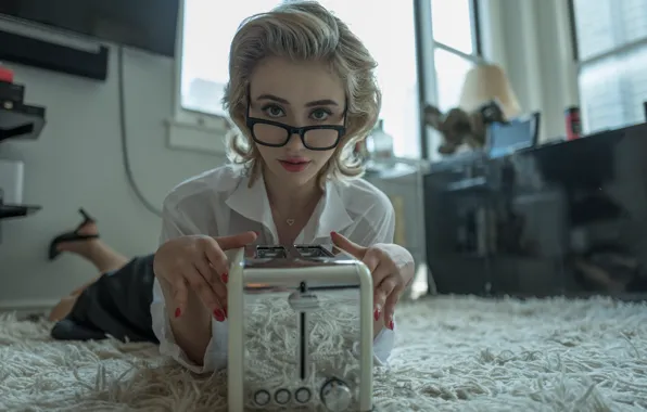 Actress, glasses, blonde, kitchen, white blouse, lying on the carpet, Caylee Cowan, Kayleigh Cowan