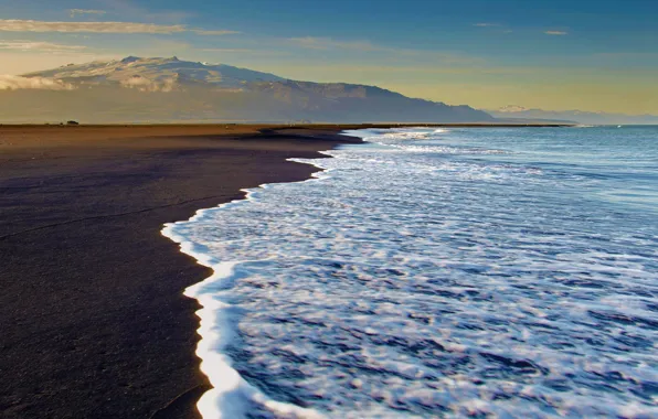 Picture sea, beach, mountains, Iceland, black sand