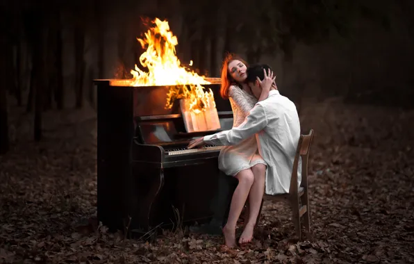 Forest, girl, mood, fire, foliage, the situation, guy, piano