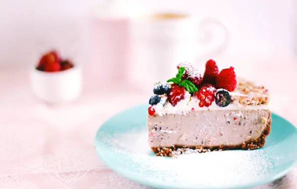 Berries, cream, dessert, sweet, powdered sugar, a piece of cake