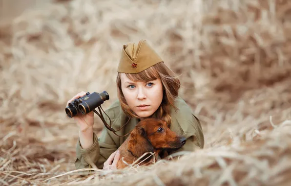 Picture girl, dog, soldiers, hay, binoculars, Dachshund, pussy, photographer Svetlana Nicotine