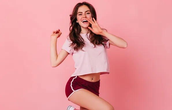 Girl, shorts, model, brunette, funny, cute, t-shirt
