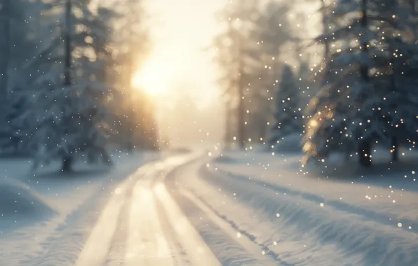 Winter, frost, road, forest, the sun, light, snow, blur