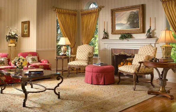 Design, style, interior, fireplace, living room, cozy