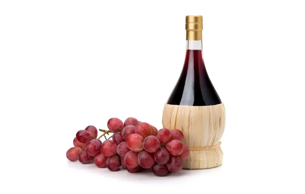 Red, wine, bottle, grapes, bunch, white background