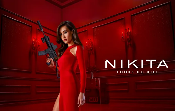 Picture the series, Asian, red dress, rifle, Nikita, Maggie Q, the red room, spies