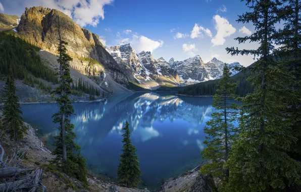 Clouds, landscape, mountains, nature, lake, reflection, rocks, tops