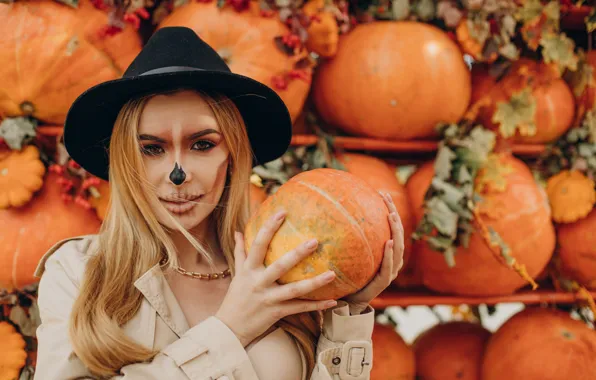 Autumn, girl, the dark background, holiday, makeup, pumpkin, Halloween, Halloween