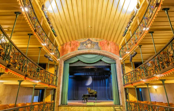 Scene, piano, balcony, hall, Brazil, Minas Gerais, Ouro Preto, municipal theatre