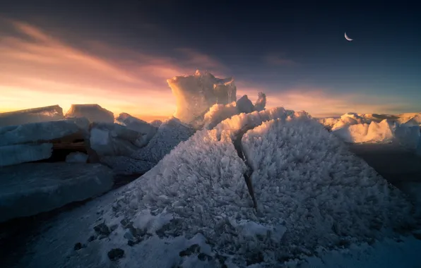 Winter, the sky, clouds, light, snow, dawn, the moon, shore