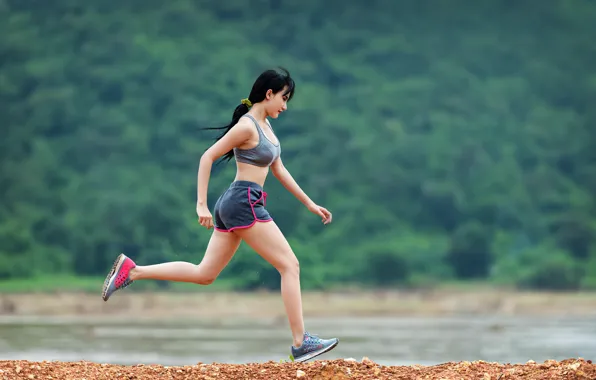 Picture woman, asian, sneakers, running, fit, fitnees