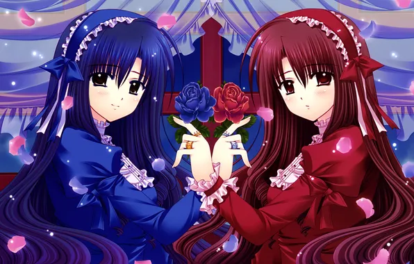 Flowers, girls, red, roses, anime, blue, dresses